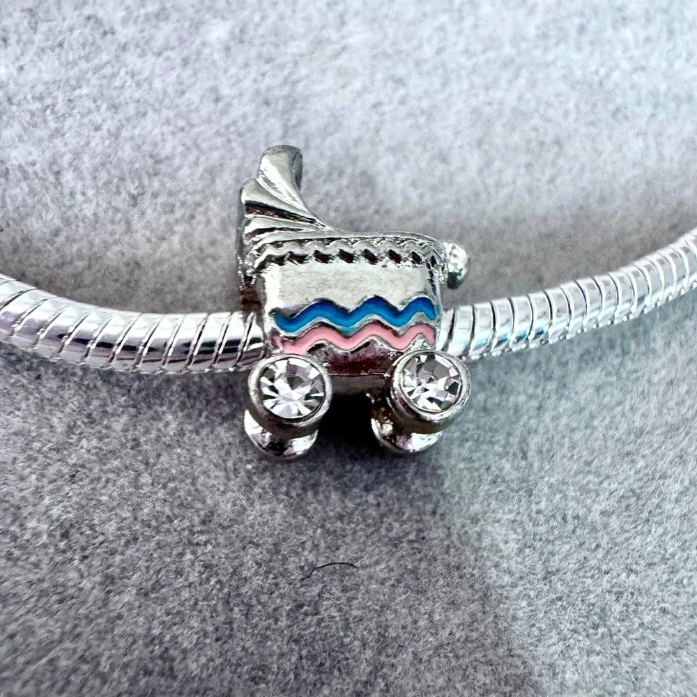 Baby Carriage Stroller Charm Silver Pink Blue fits PANDORA